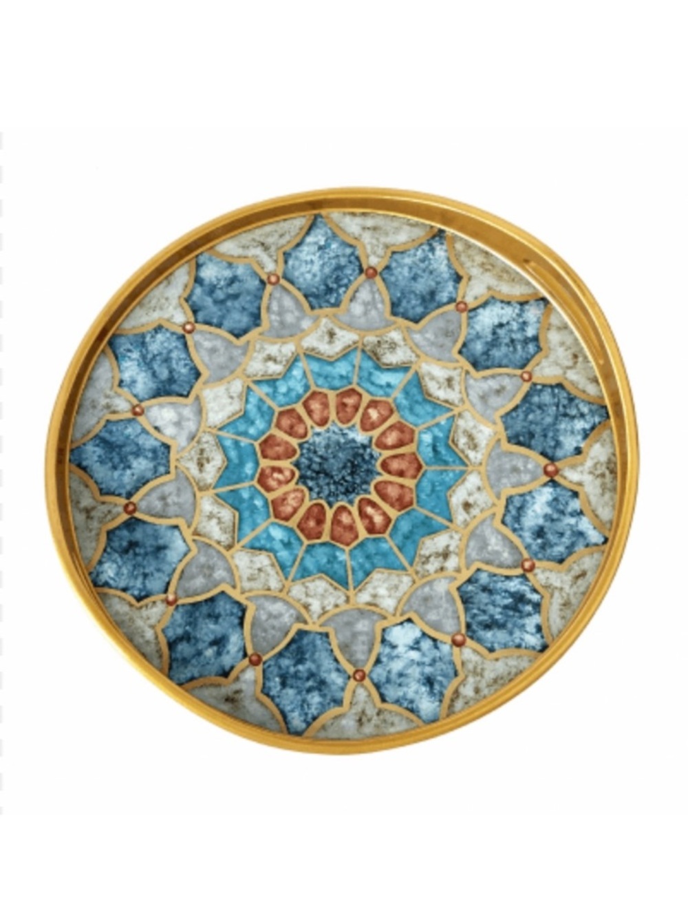 Medieval Reverse Painted Tray Handcrafted Gold Blue Peru Geometric